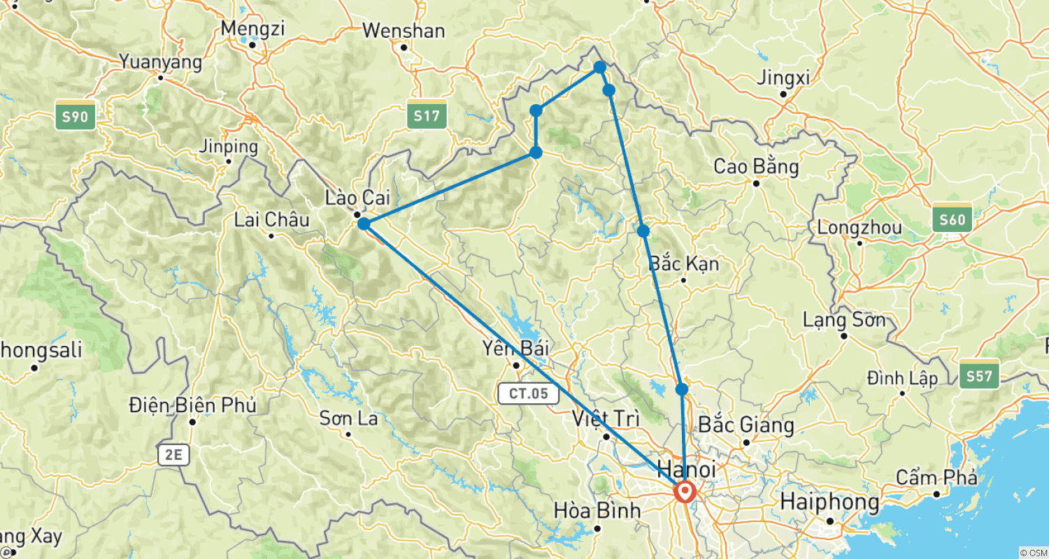 Mapa do percurso de Espetacular Passeio de Moto pelo Norte até Ha Giang via Ba Be, Cao Bang, Dong Van