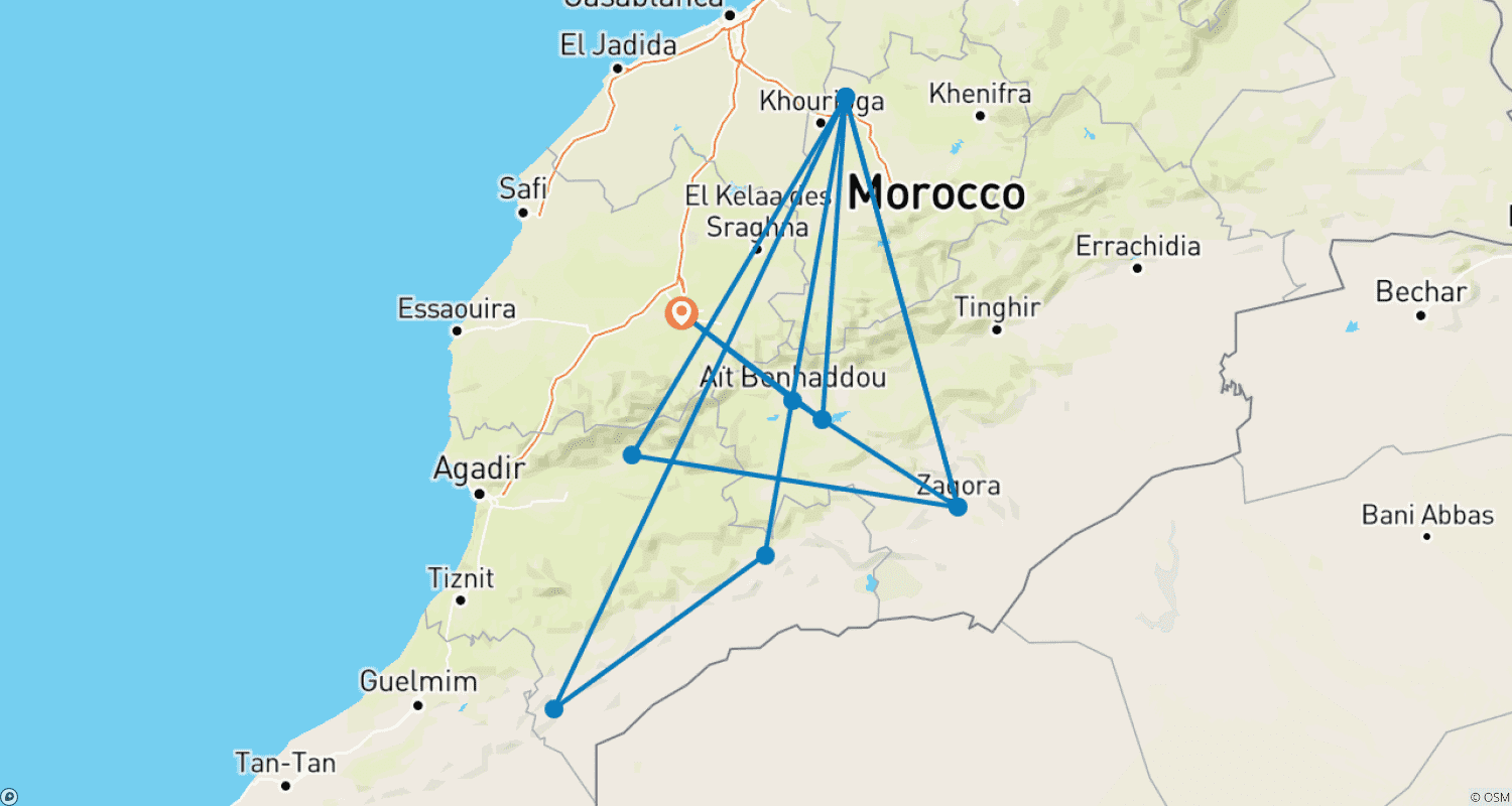 Mapa do percurso de Tour Privado de 10 Dias no Sul de Marrocos, incluindo 5 dias de Trekking de/para Marraquexe