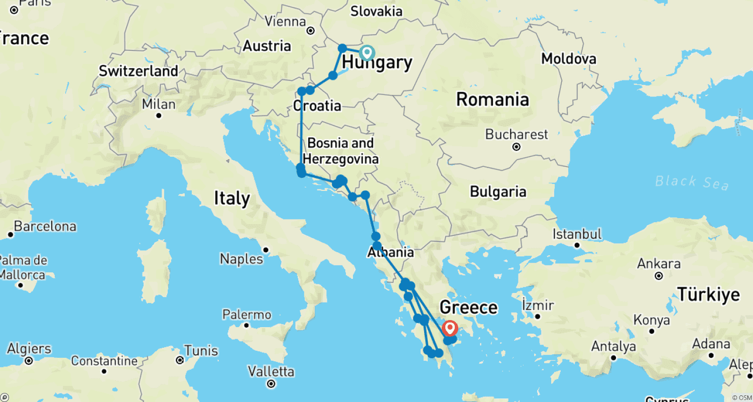 Mapa do percurso de Grande Excursão Adriática de 29 dias de Budapeste a Atenas. Visite os principais destinos na Hungria, Croácia, Bósnia, Albânia e Grécia.