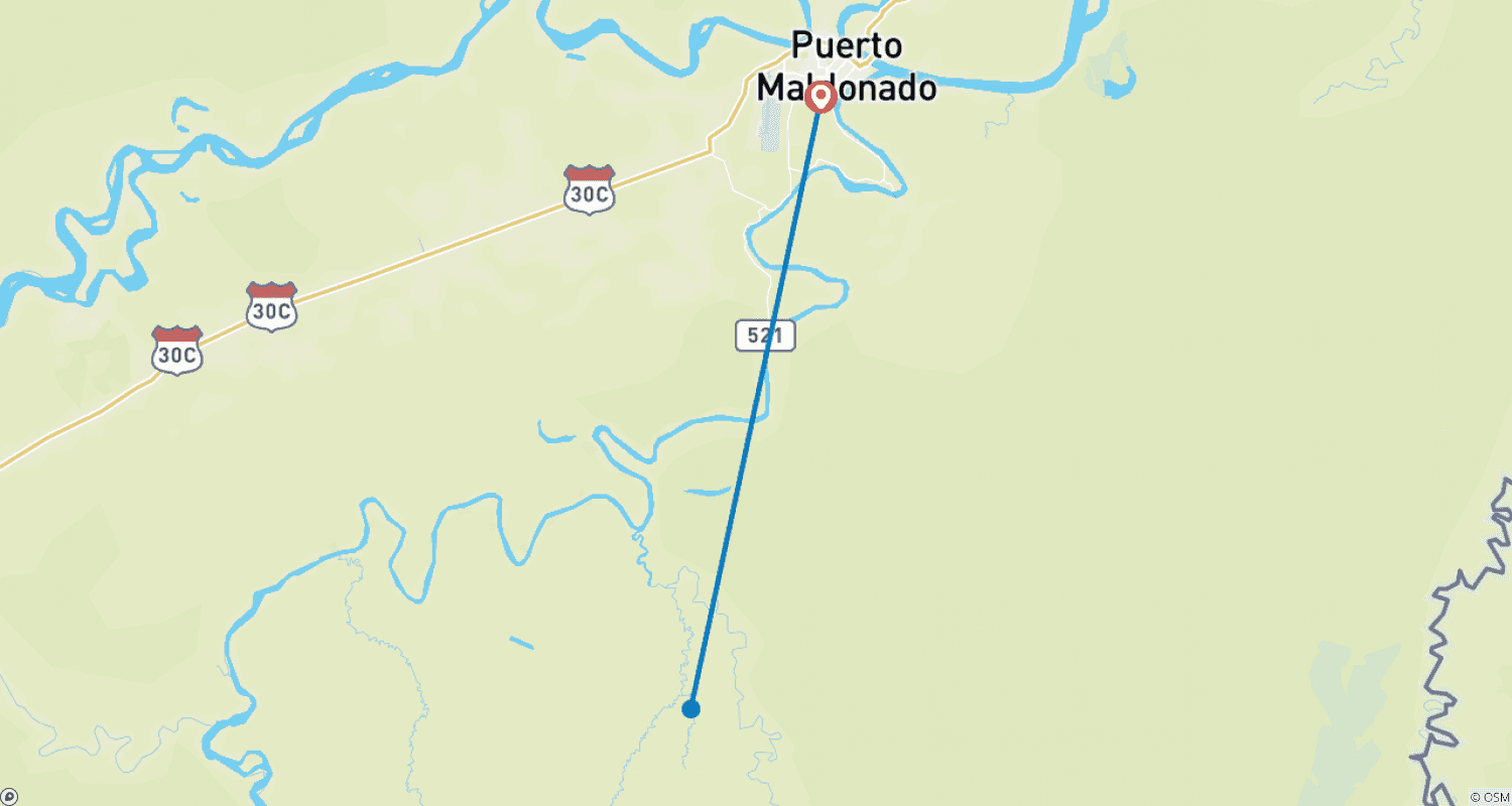 Mapa do percurso de Tambopata: Barranco de Araras e Lago Sandoval – 5 Dias/4 Noites