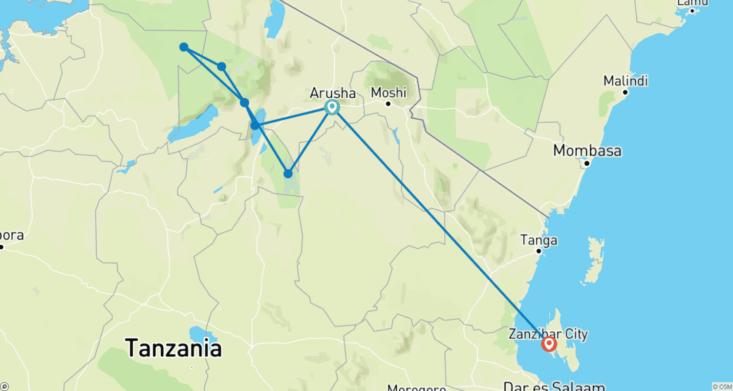 Mapa do percurso de Safári Privado de 7 Dias nos Parques do Norte da Tanzânia + Extensão de Praia em Zanzibar de 7 Dias