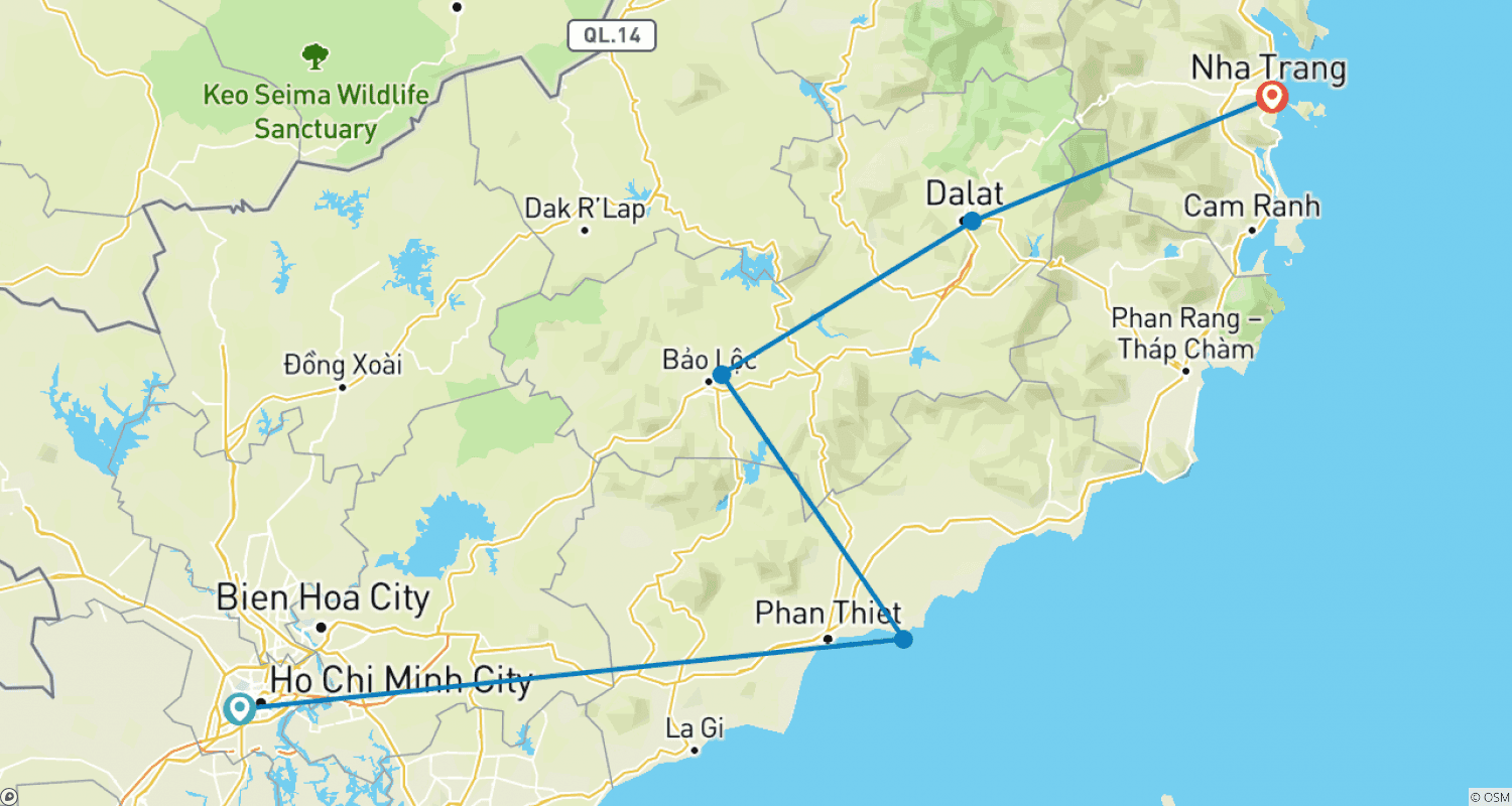 Mui Ne、Da Lat、Bao Locを経由するSaigonからNha Trangへの風光明媚なバイクツアーのルートマップ