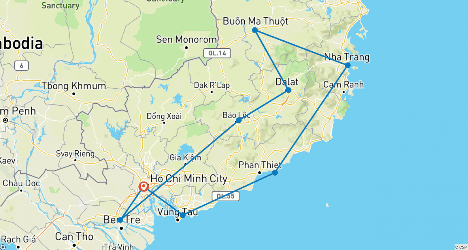Mapa do percurso de Excursão de Moto Mais Vendida de Saigon ao Delta do Mekong, Dalat, Nha Trang, Mui Ne e Vung Tau
