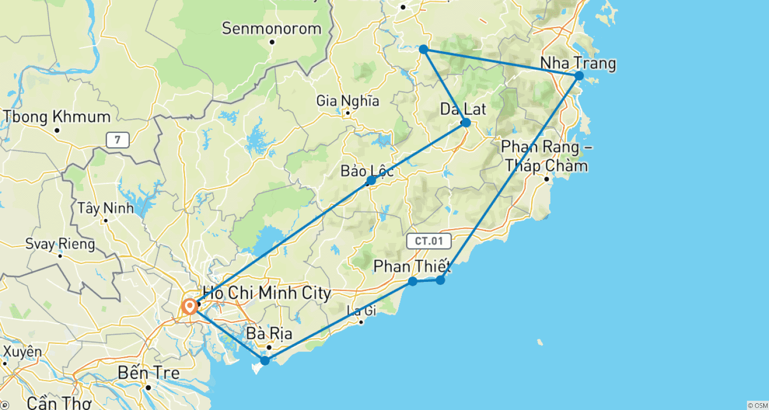 Mapa do percurso de Melhor Passeio de Moto no Vietnã para o Planalto Central e Costa Sul com Da Lat, Nha Trang, Phan Thiet, Vung Tau