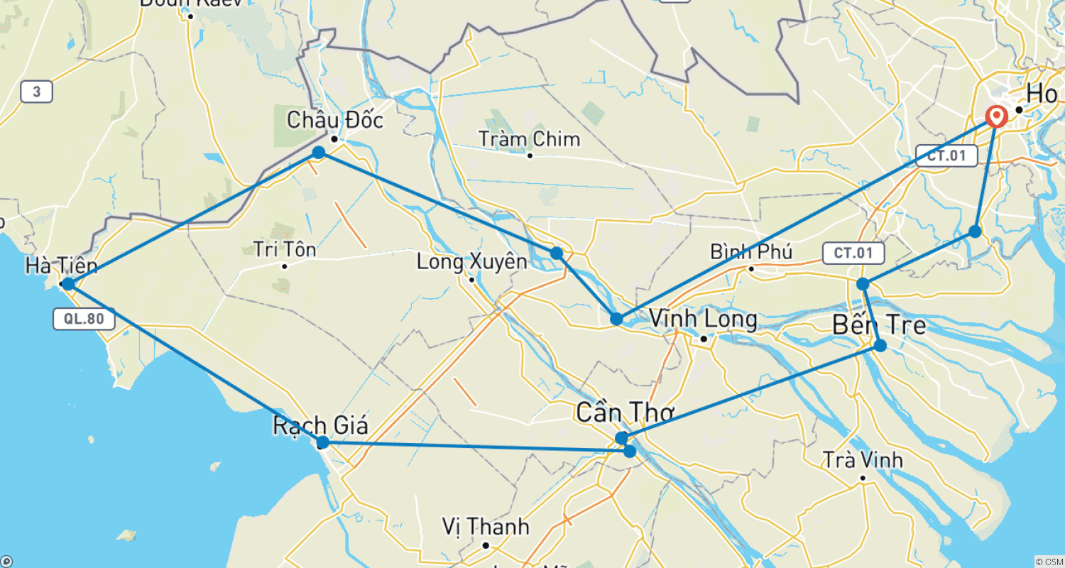 Mapa trasy: Najlepsza wycieczka motocyklowa po Wietnamie w głąb Delty Mekongu