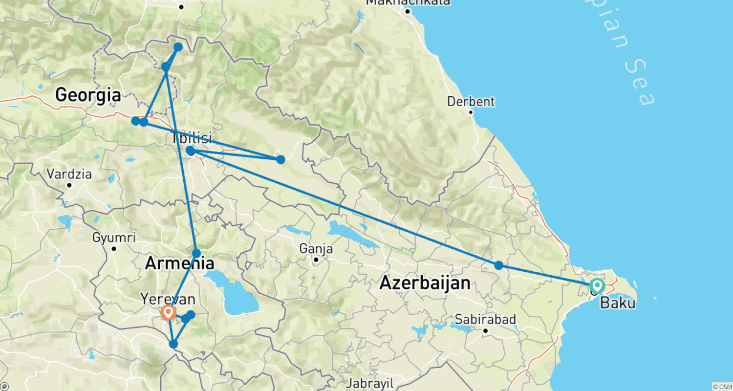 خريطة مسار Caucasus Explorer - أرمينيا وجورجيا وأذربيجان