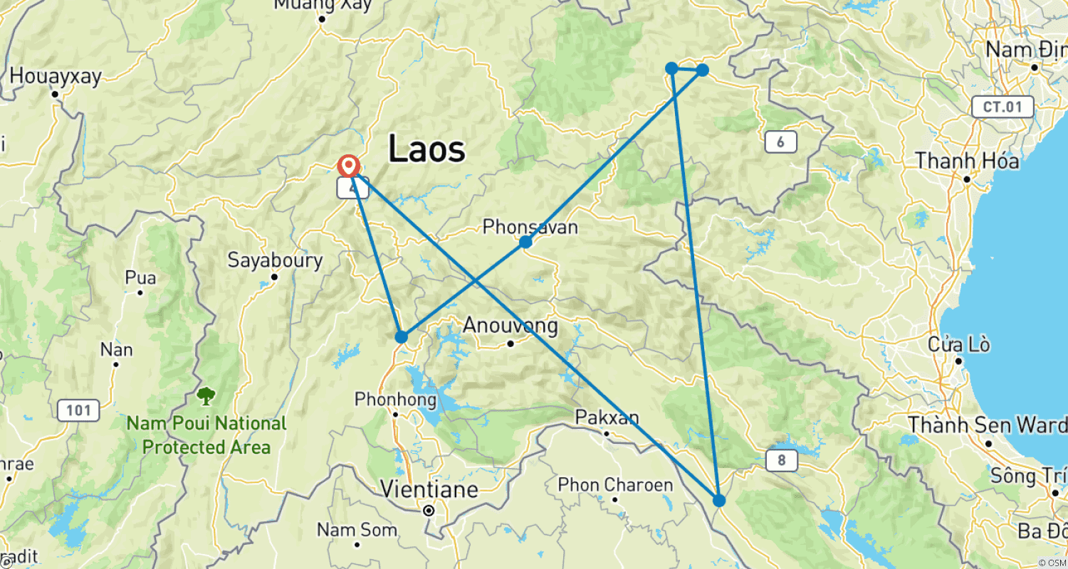Mapa do percurso de Passeio de Moto Off-Road no Laos para Viengthong, Viengxay, Phonsavanh, Vang Vieng, Planície dos Jarros, Xaisomboune