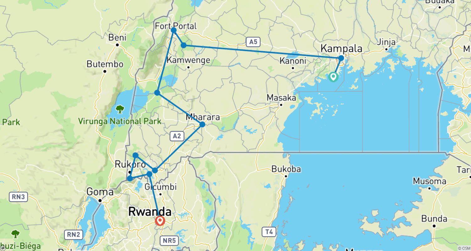 Mapa trasy: 6-dniowa wyprawa: goryle, złote małpy i trekking szympansów w lesie Kibale