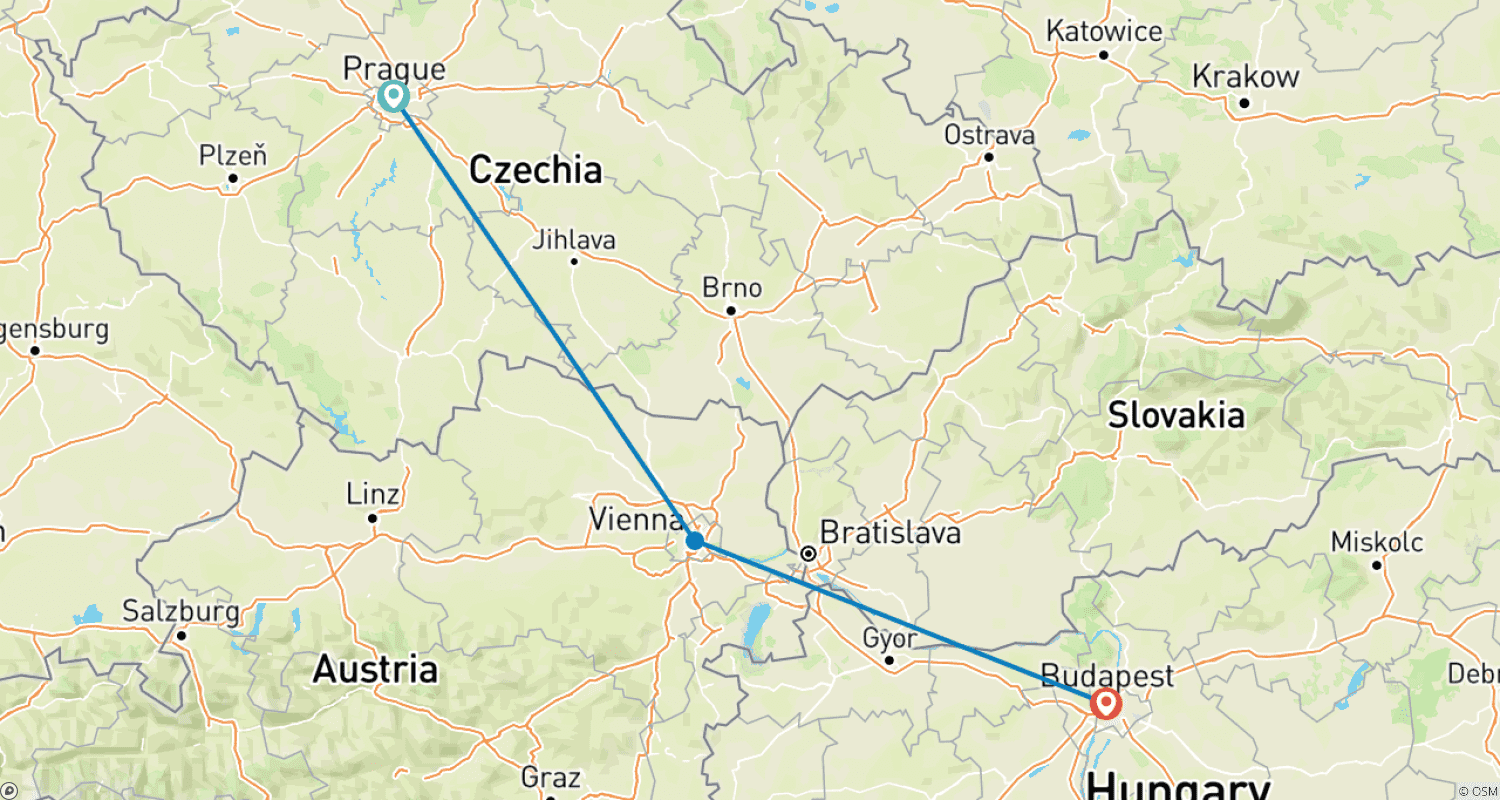Mapa trasy: Prywatna wycieczka: 3 kraje w jeden tydzień: Praga - Wiedeń - Budapeszt
