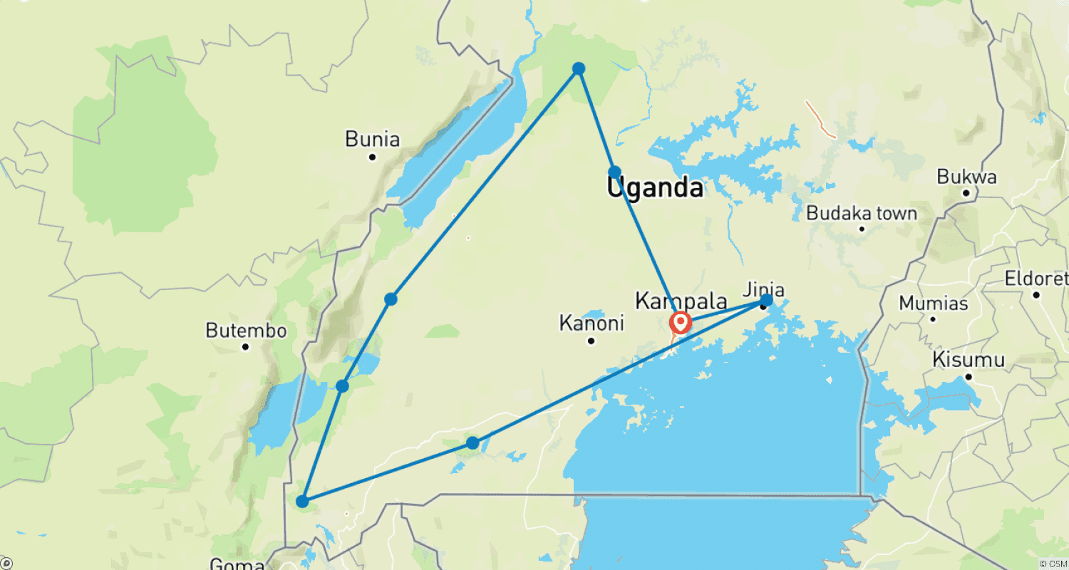 Mapa do percurso de Safari de 12 Dias em Uganda: Primatas e Vida Selvagem