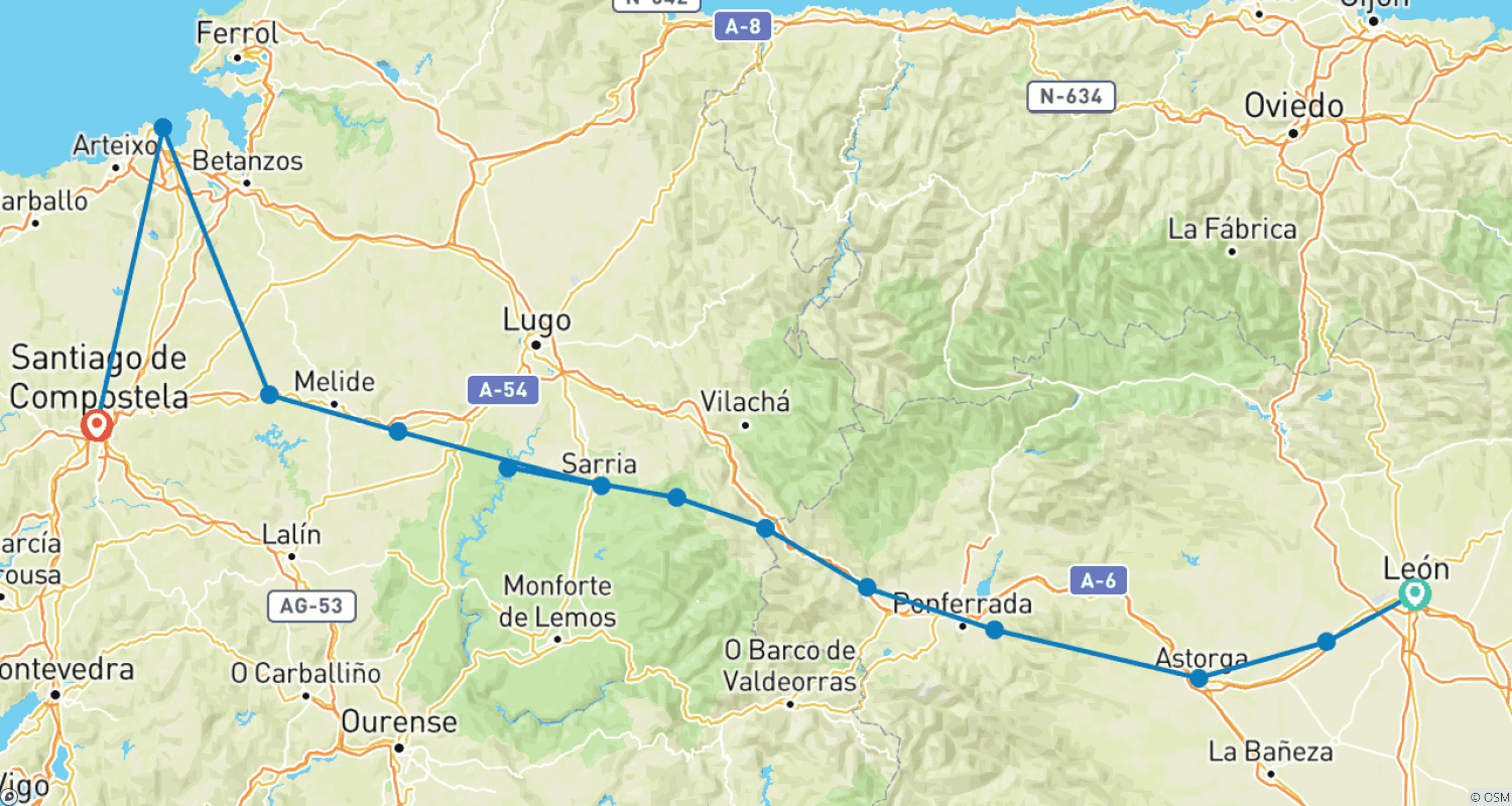 خريطة مسار "طريق سانتياغو" (Camino de Santiago): الطريق الفرنسي بالدراجة من ليون