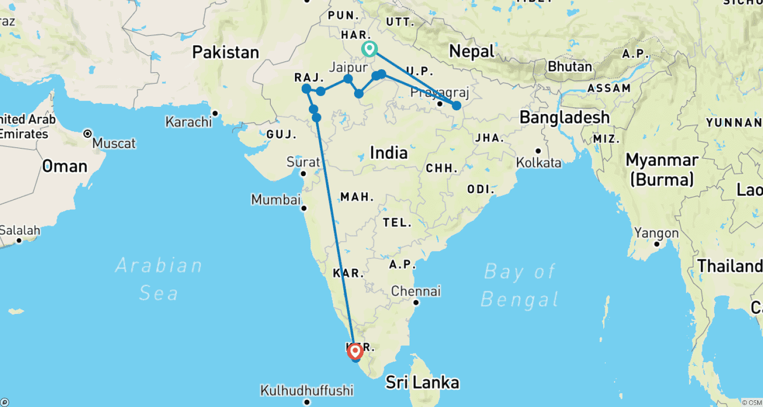 インドの魂を巡る旅 - 18日間のルートマップ