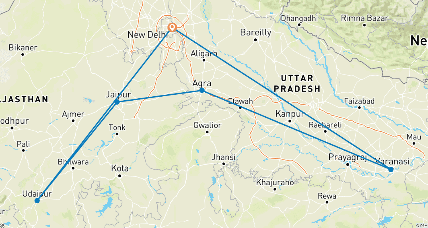 Mapa trasy: Luksusowy Złoty Trójkąt & Udaipur, Varanasi