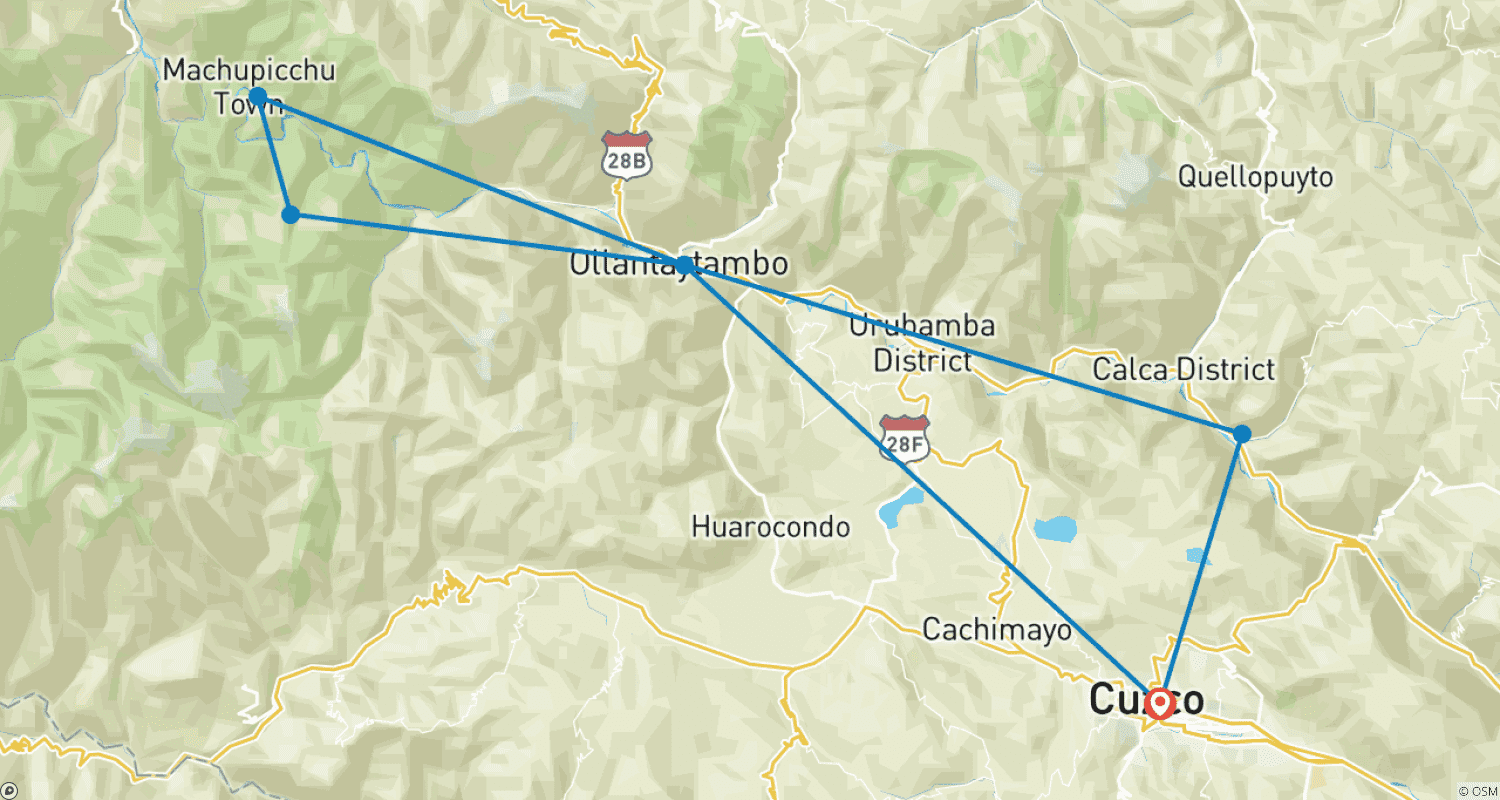خريطة مسار رحلة Huchuy Qosqo إلى Machu Picchu