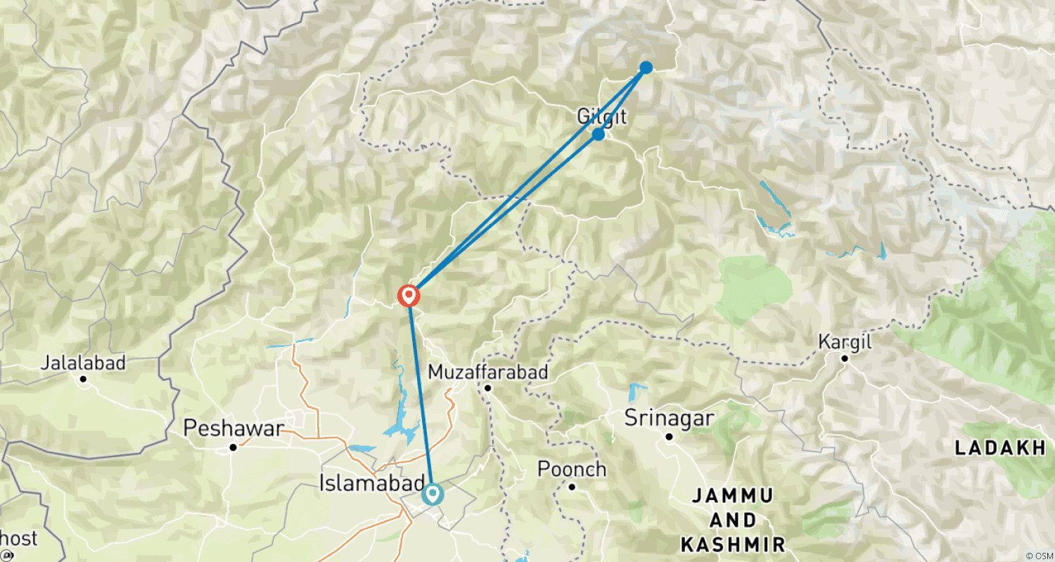 7日間 イスラマバード、Besham、Gilgit、Hunza Karimabad、Passu、Khunjerab Pass パキスタンツアーのルートマップ