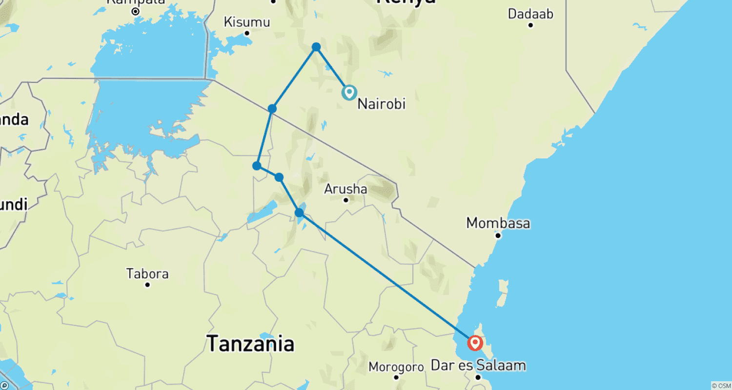 Mapa do percurso de 13 Dias do Quênia à Tanzânia e Relaxamento em Zanzibar