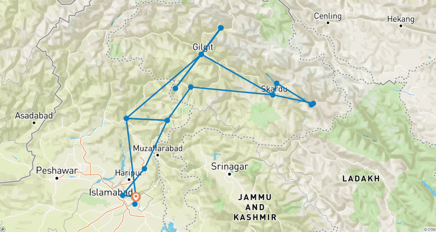 Mapa trasy: 15 dni safari jeepem Baltistan i Hunza Gojal, Pakistan