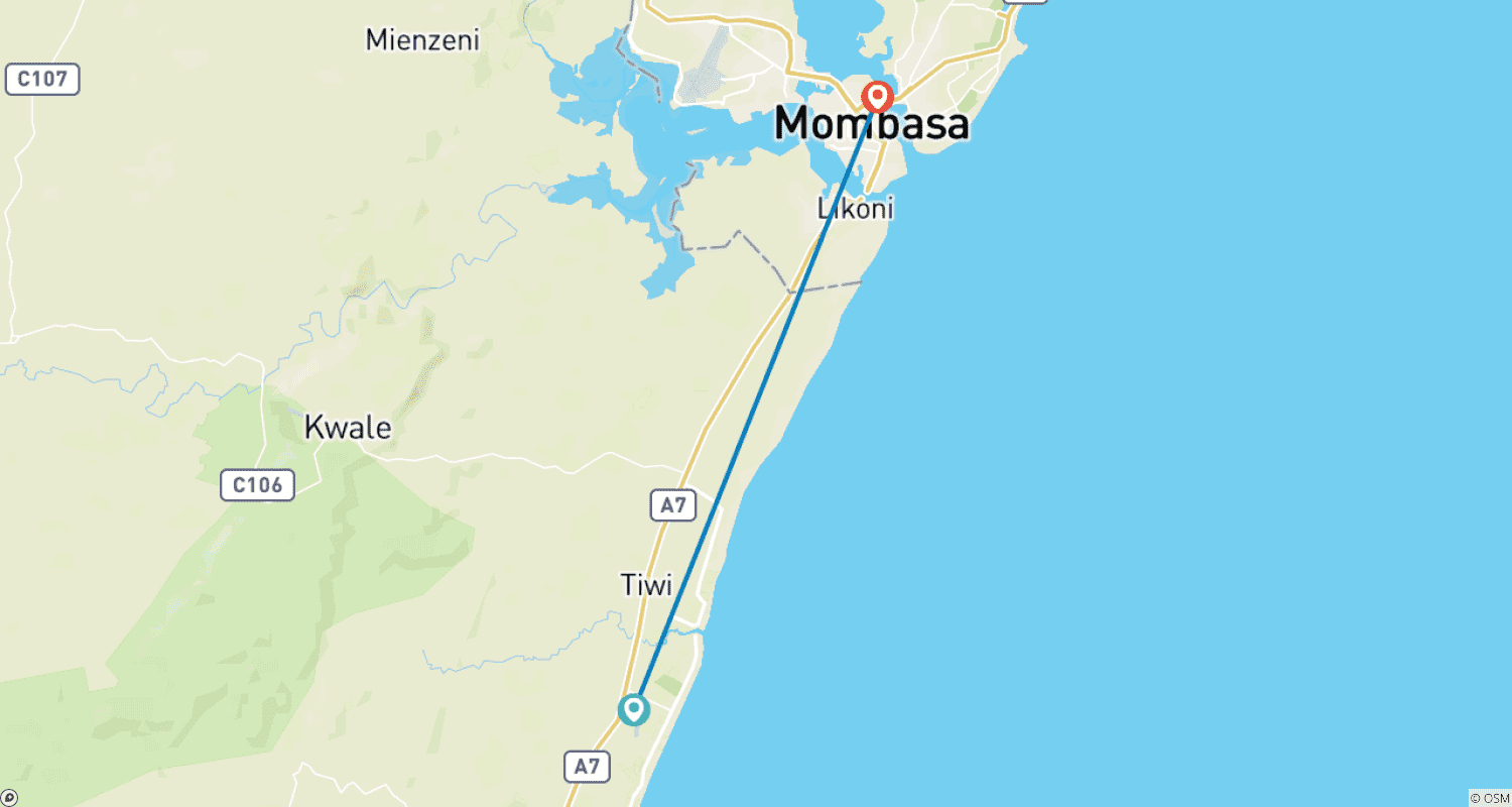 Mapa trasy: Przedłużenie wybrzeża Kenii - przejazd SGR do Baobab Beach Resort