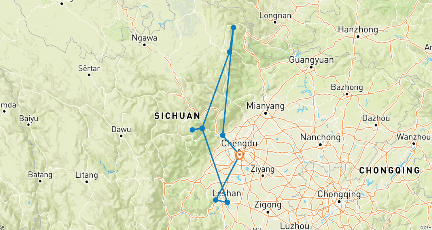 Mapa do percurso de Excursão a Pé de 14 Dias aos Patrimônios Mundiais da UNESCO de Sichuan, Província de Sichuan, China