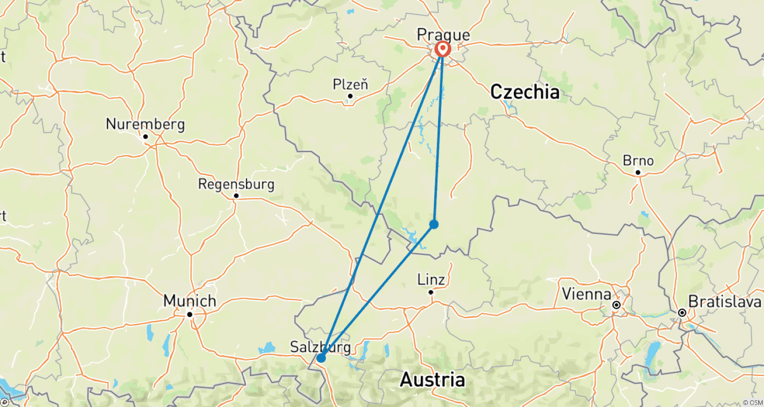 Mapa do percurso de Viagem Privada VIP de 6 Dias: Praga - Salzburgo - Königssee e a Residência de Hitler, o Ninho da Águia