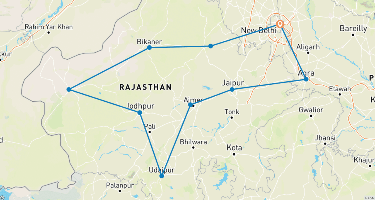 Mapa do percurso de Tour Clássico de Fortes e Palácios em Rajasthan