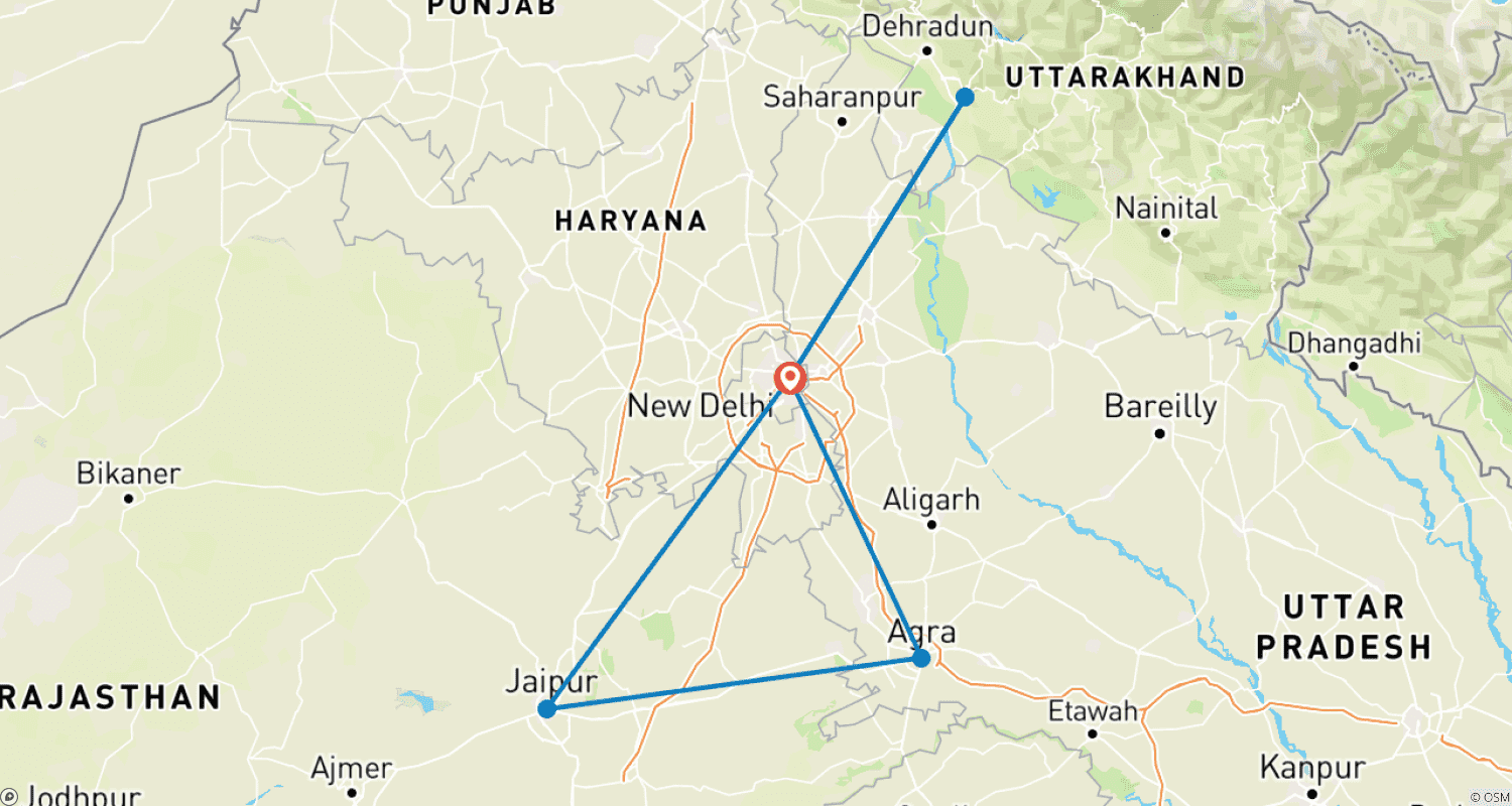 Mapa trasy: Rishikesh (Joga) z Golden Triangle