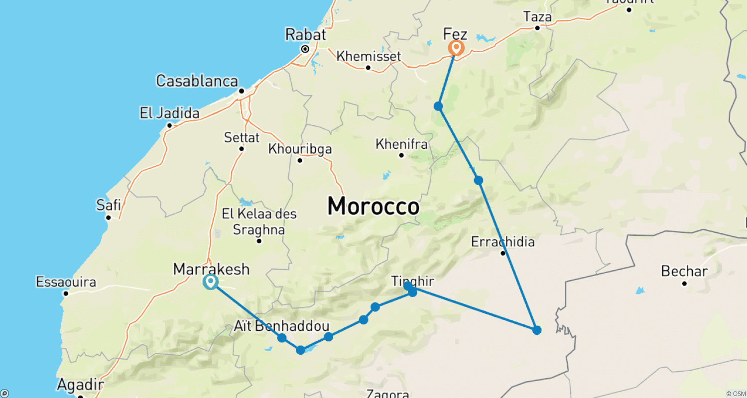 Mapa do percurso de Excursão de 3 Dias e 2 Noites de Marraquexe a Fez no Deserto - Pernoite em um Acampamento de Luxo