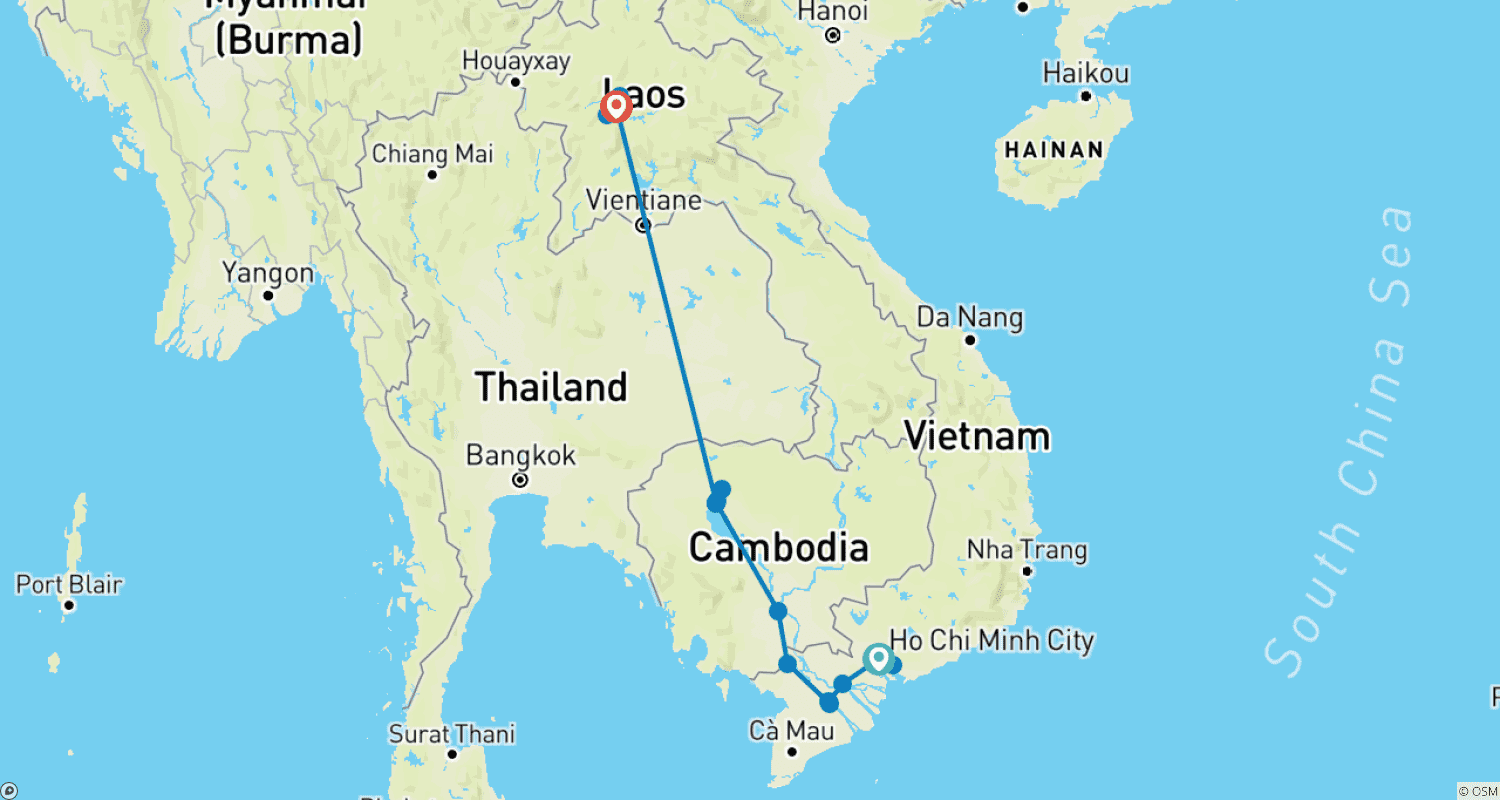 Mapa do percurso de Best of Vietnam - Cambodia - Laos 13 days 12 nights (Mekong Delta exit to Phnom Penh - Siem Reap - Luang Prabang)