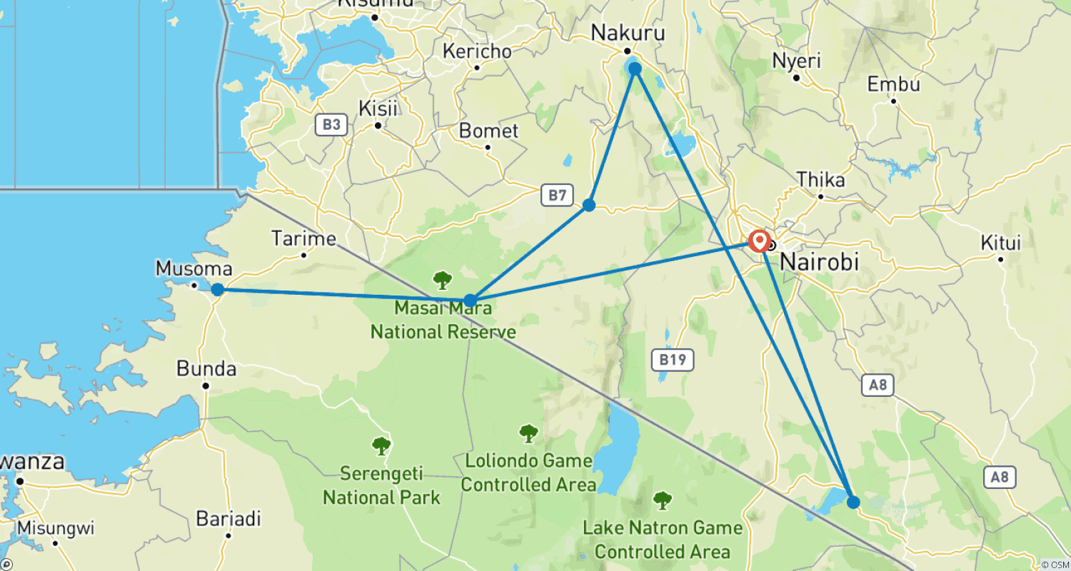 Mapa do percurso de O Melhor da Aventura no Quênia: 7 Dias / 6 Noites