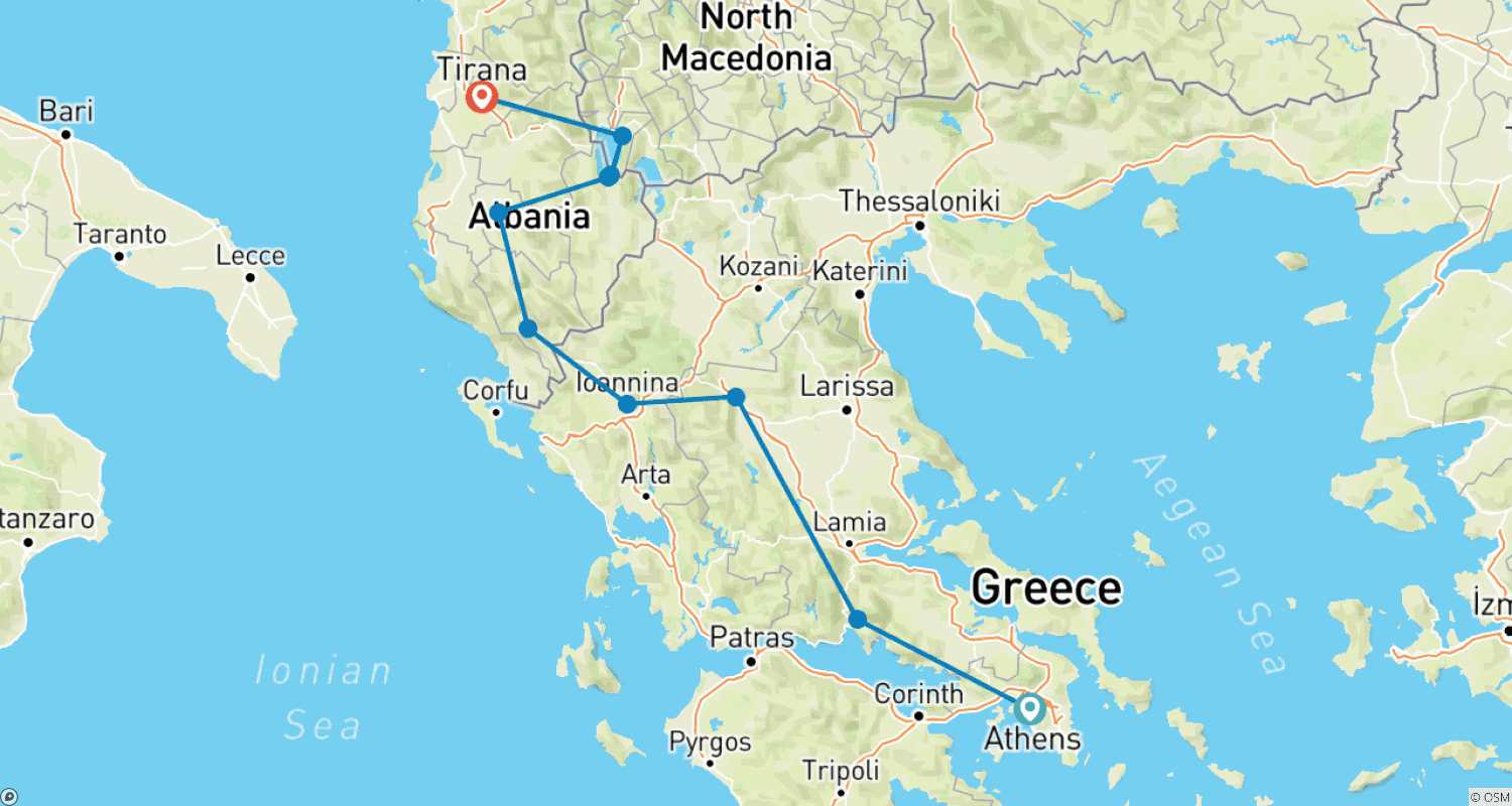 Mapa do percurso de De Atenas a Tirana; Excursão Semiprivada com Líder de Excursão Dedicado e Carro