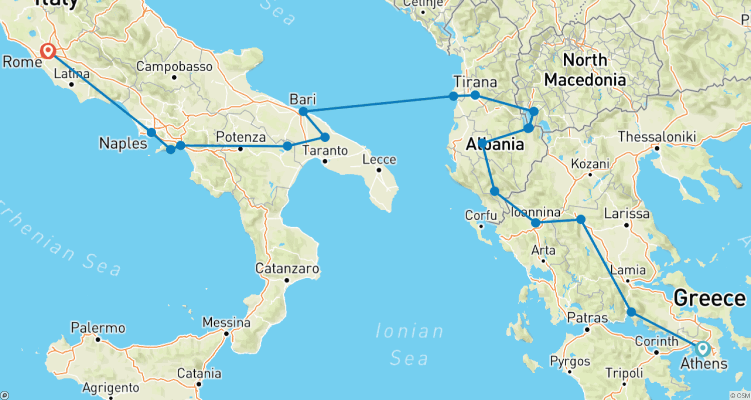Mapa do percurso de De Atenas a Roma; Tour Semiprivado com Líder de Tour Dedicado e Carro