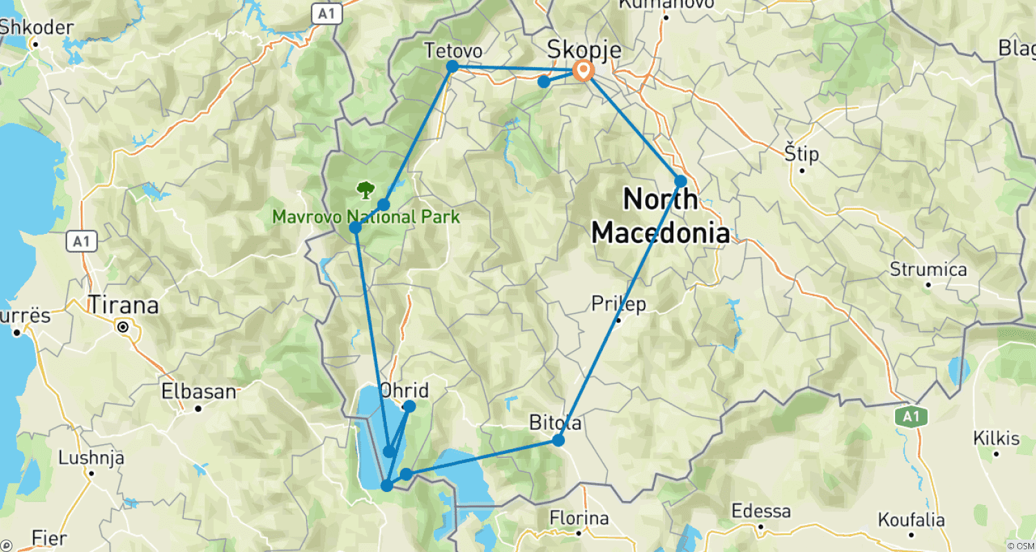 Mapa do percurso de O Melhor da Macedônia do Norte; Tour Semiprivado com Líder de Tour Dedicado e Carro