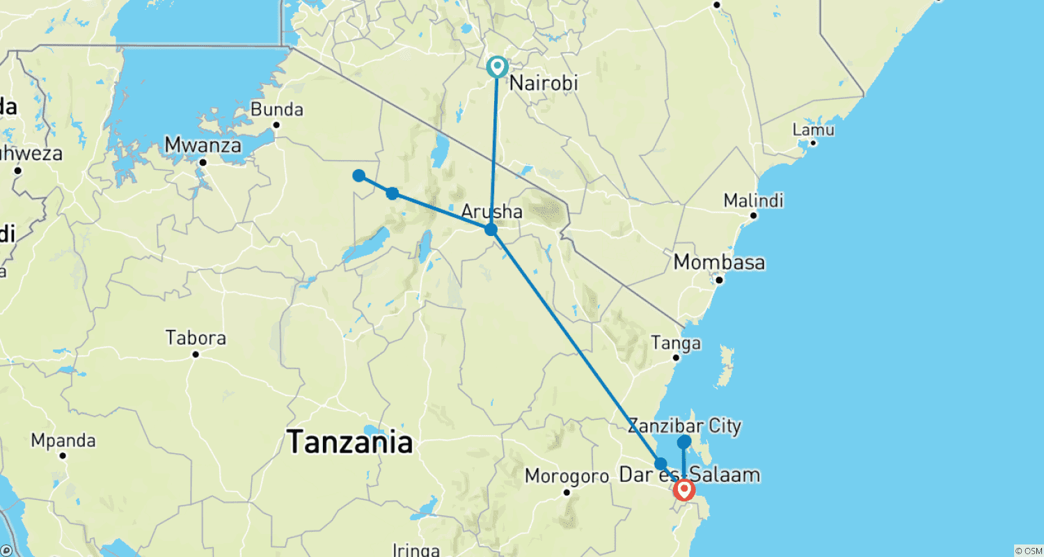 Mapa do percurso de 10 dias do Serengeti a Zanzibar (com Alojamento)