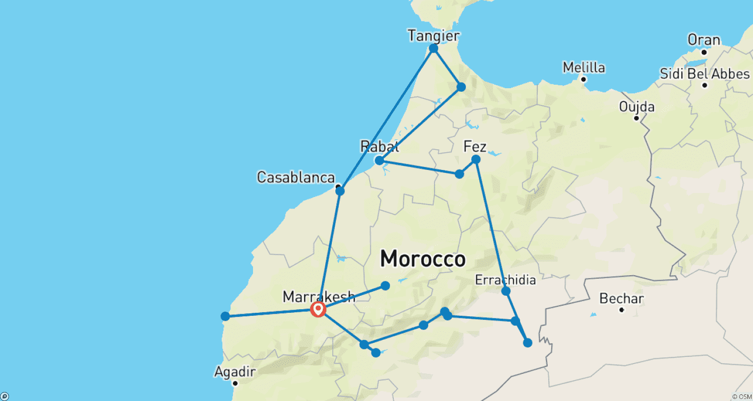 Mapa do percurso de Destaques da Excursão a Marrocos a partir de Marraquexe