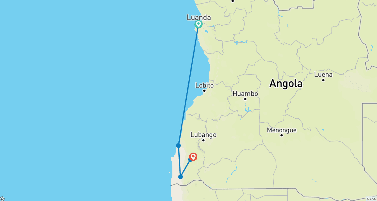 Mapa do percurso de Safari Expresso Namibie 4D/3N
