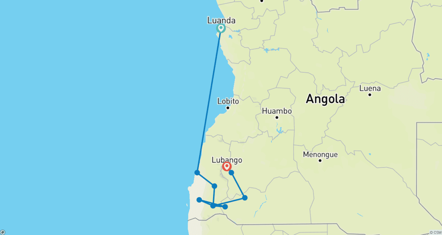 Mapa do percurso de Safari Namibe, Cunene e Lubango: 6 Dias / 5 Noites
