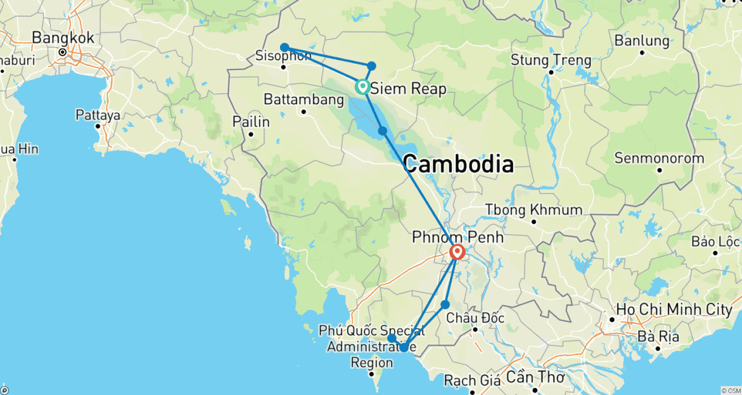 Mapa do percurso de Customized Cambodia Trip of Angkor & Colonial Town, Daily Start & Private Guide
