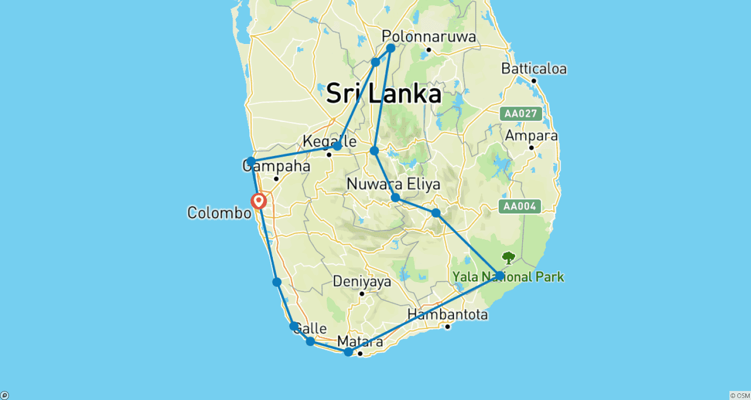Mapa do percurso de Sri Lanka 13 Days Tour Package