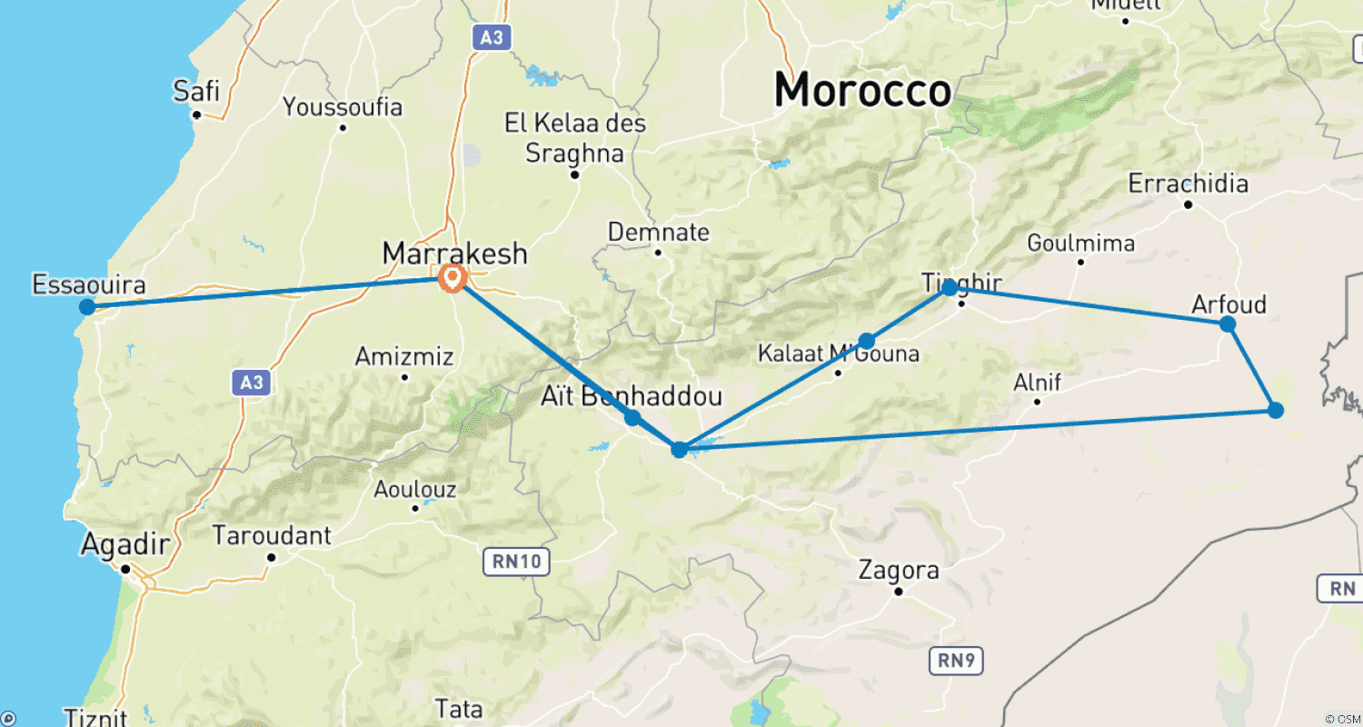 خريطة مسار 10-Day Kasbahs & Deserts of Morocco - Private tour