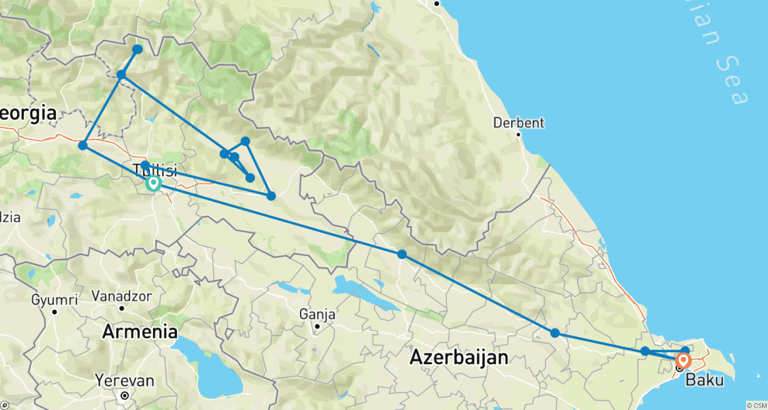 Mapa trasy: Azerbejdżan i Gruzja – podróż przez egzotykę, tradycję i urok starożytności