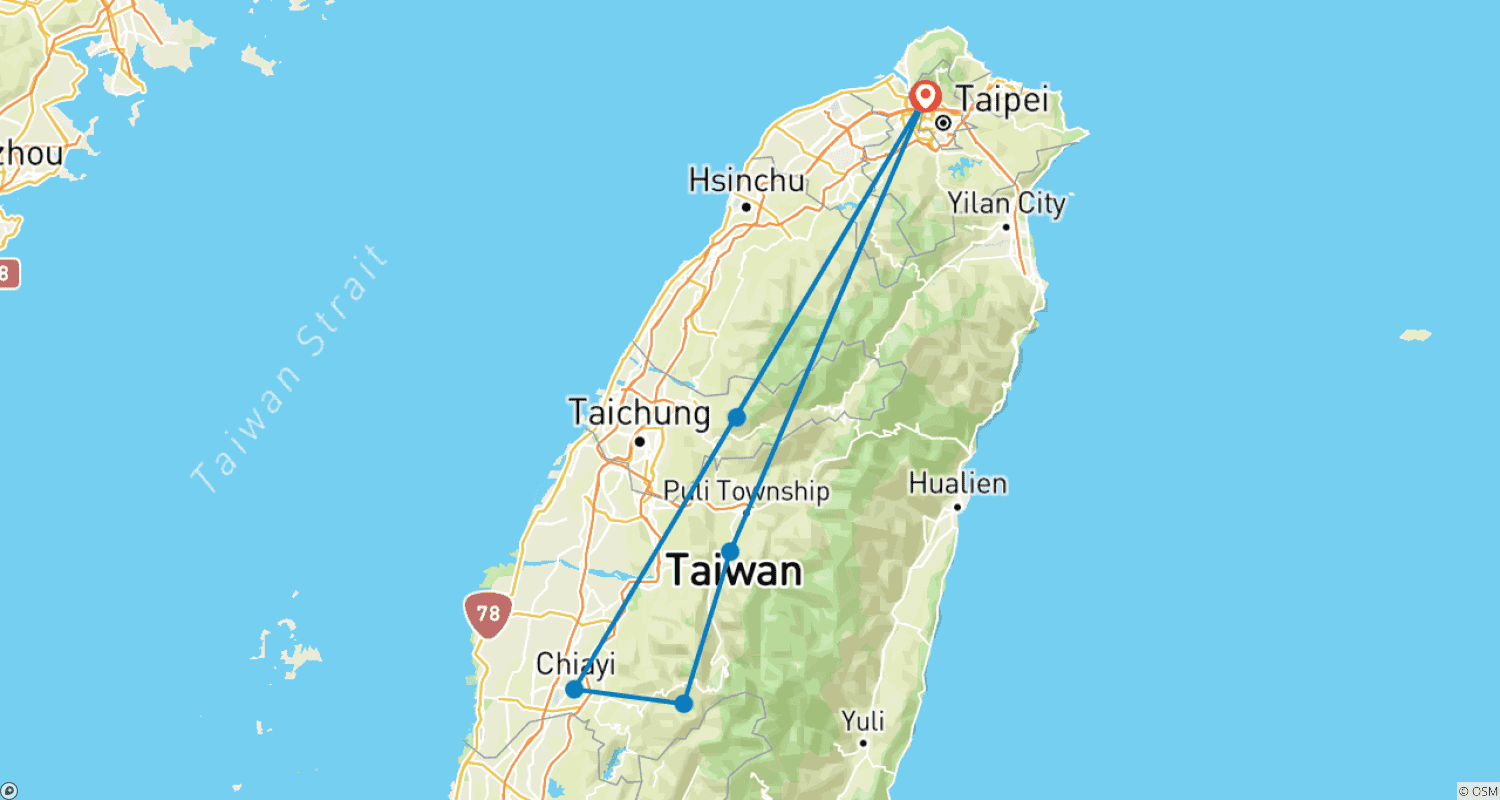 Mapa do percurso de Excursão Privada Premium de 5 Dias a Sun Moon Lake e Alishan saindo de Taipé