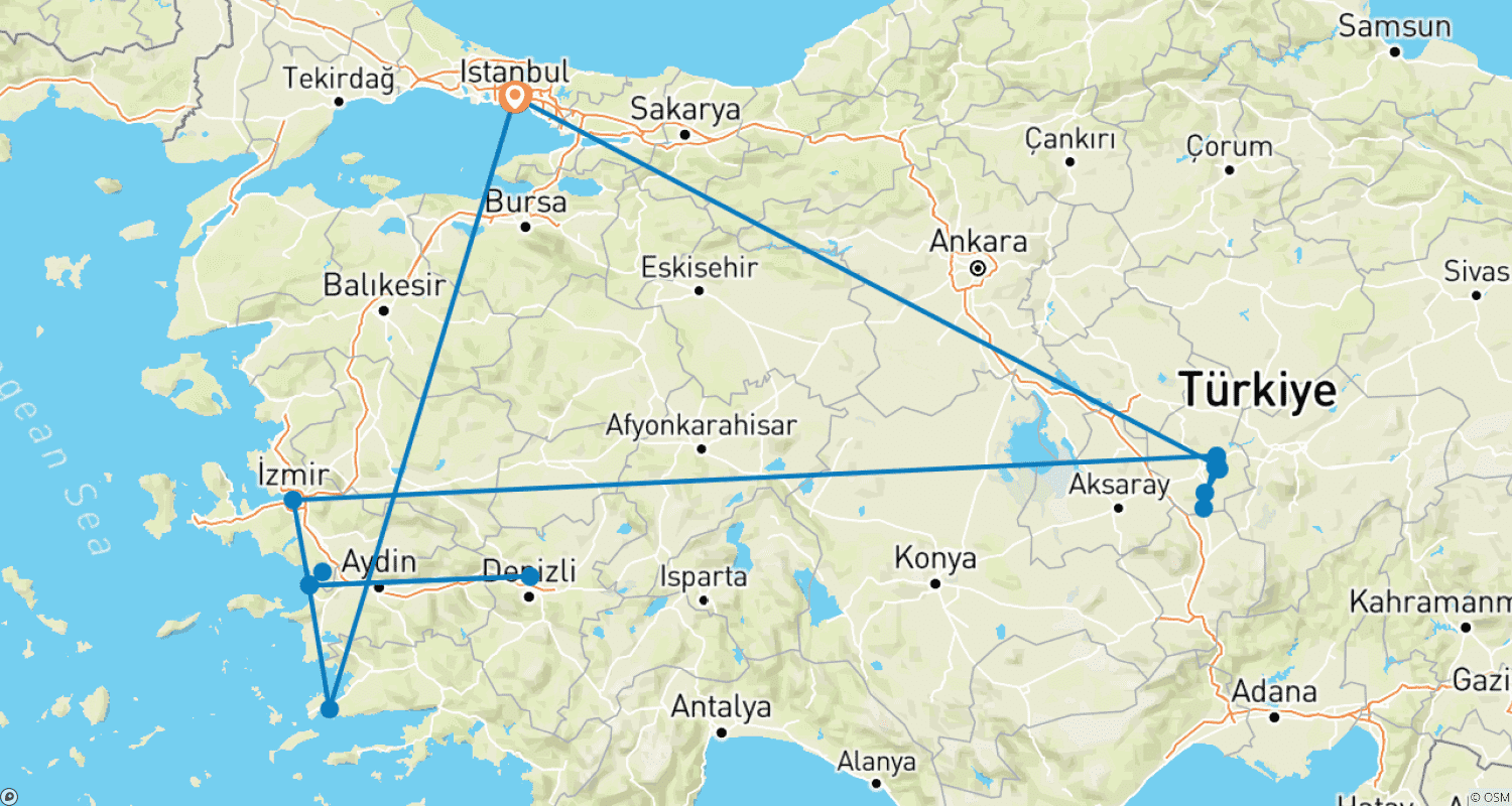 Mapa trasy: 10 Days Istanbul, Cappadocia, Ephesus, Pamukkale and Bodrum