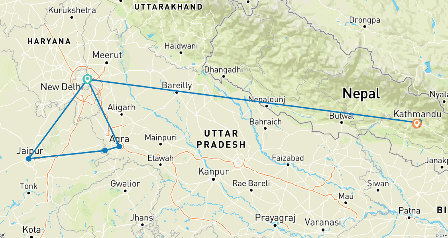 Explore India with Nepal Tourのルートマップ