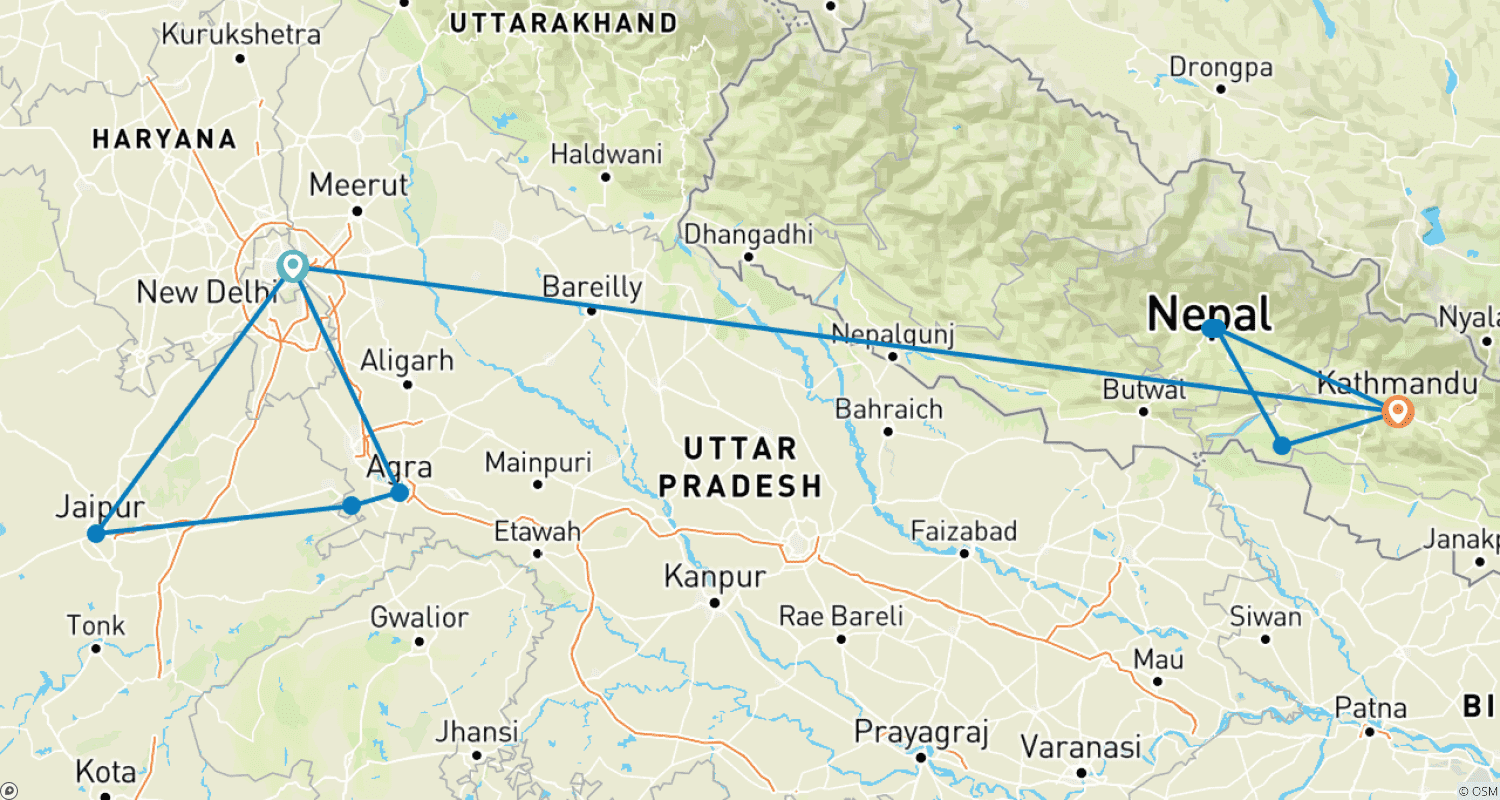 Mapa trasy: Incredible India Tour z Magical Nepal - 14 dni