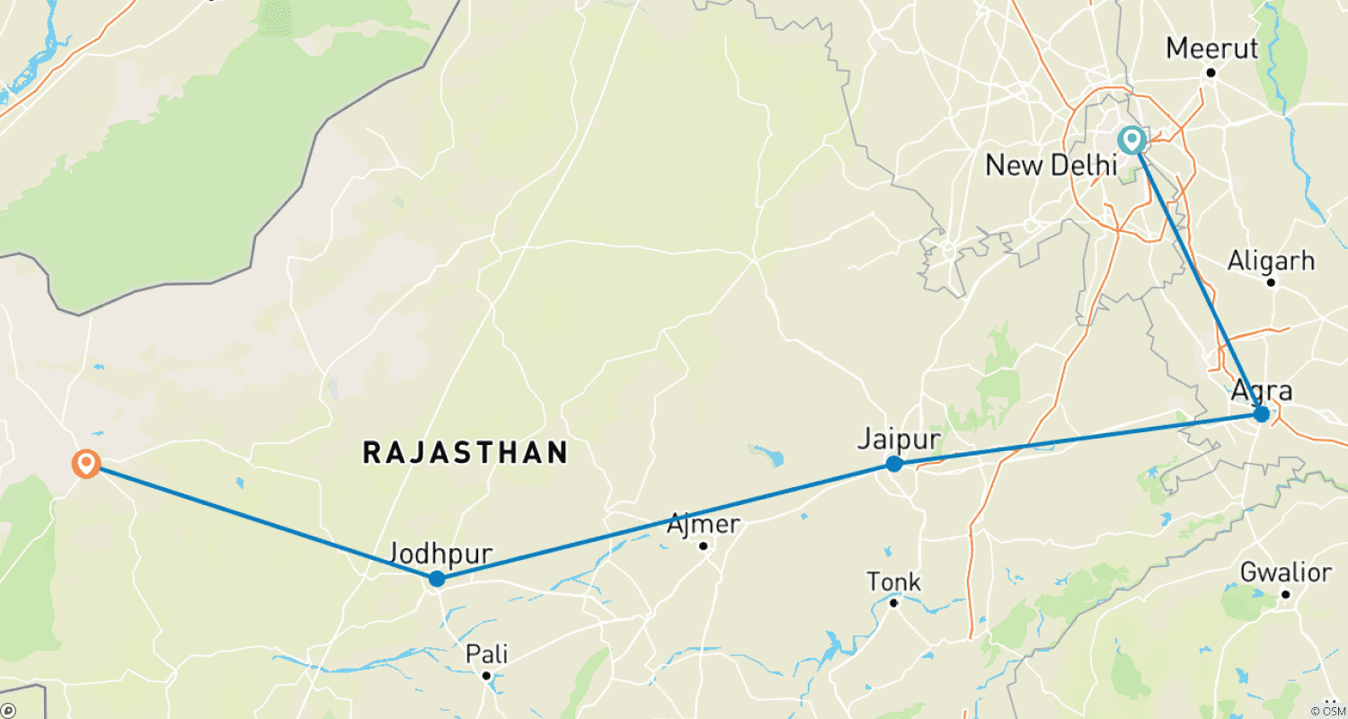 Mapa do percurso de Tour de 7-8 Dias por Delhi, Agra, Jaipur - e Jaisalmer [Rajastão]
