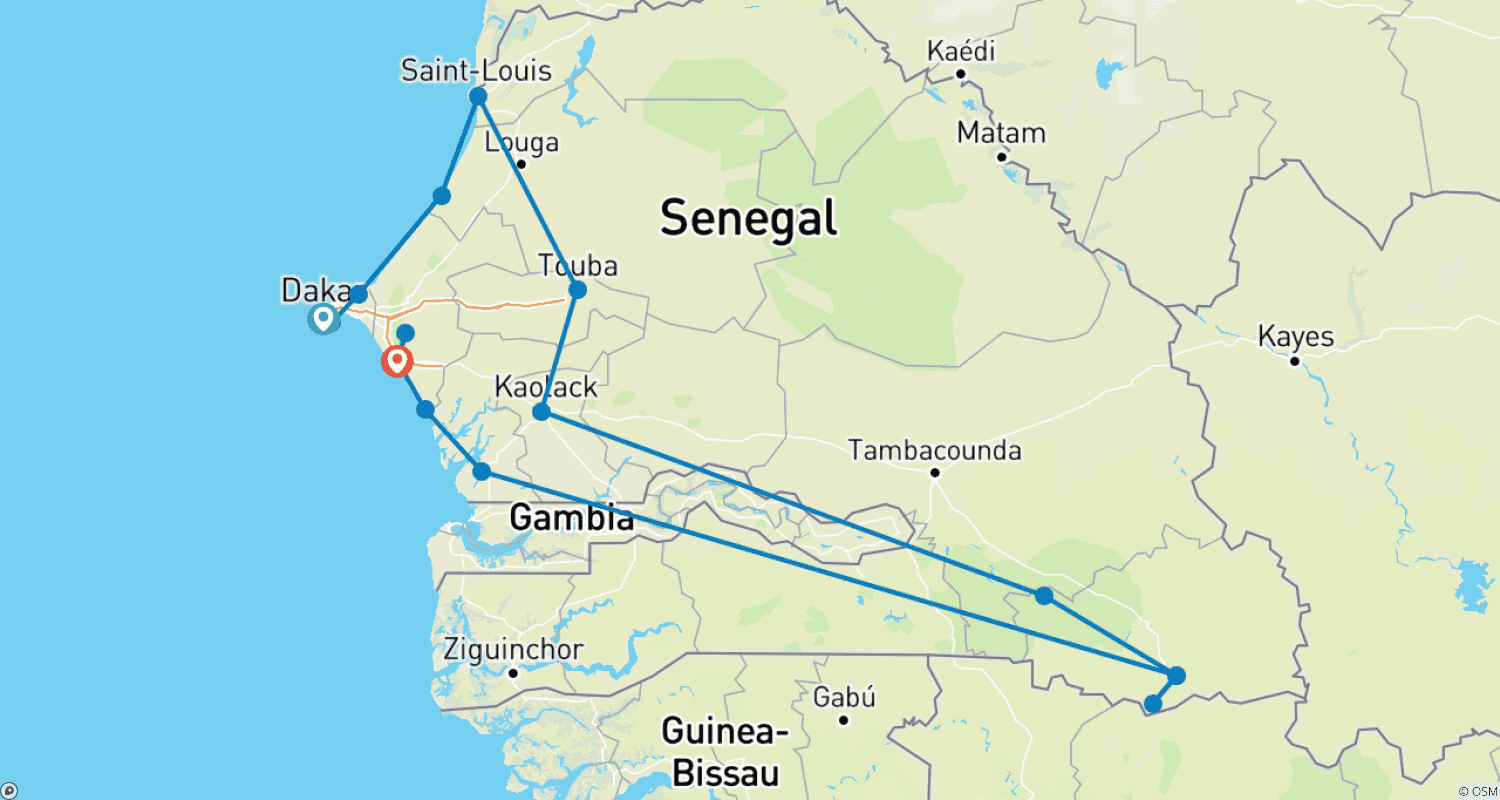 Mapa trasy: Wycieczka Safari po Senegalu 14 Dni/13 Nocy