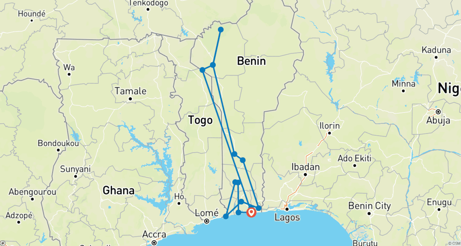 Mapa do percurso de Expedições ao Benim 23 Dias/22 Noites