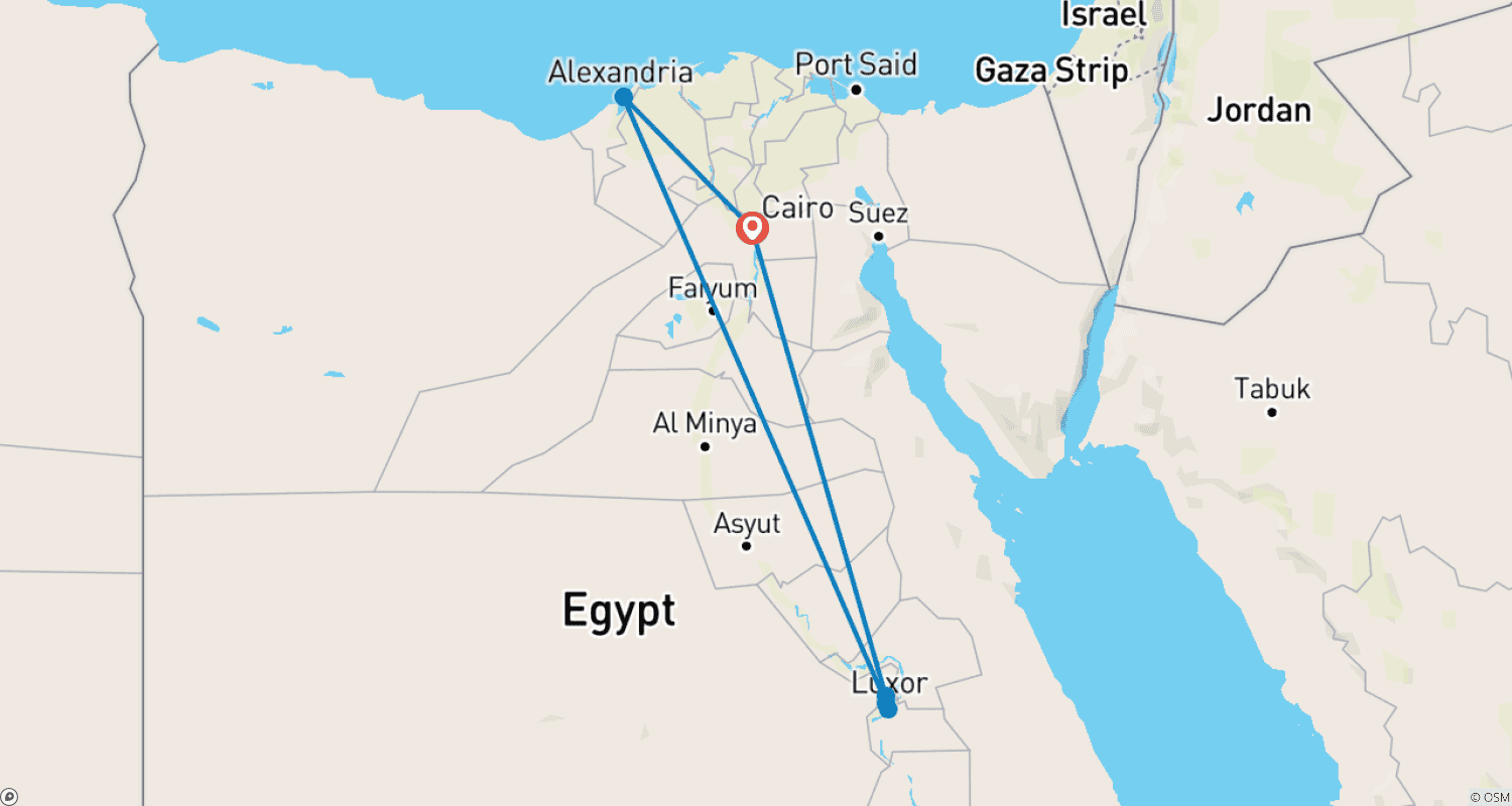 Mapa trasy: 5 dni zwiedzanie: Pyramids w Kairze i Gizie oraz wycieczka do Aleksandrii, miasto Luxor (wizyta w GEM Museum)