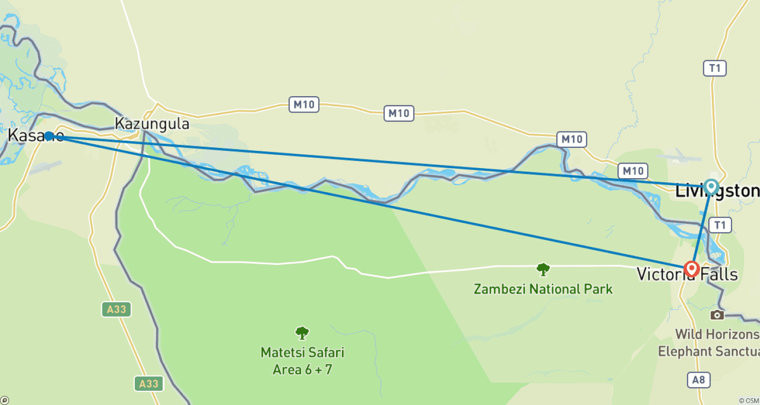 Mapa do percurso de 7 Noites, 8 Dias, O Melhor do Zimbábue, Botsuana e Zâmbia