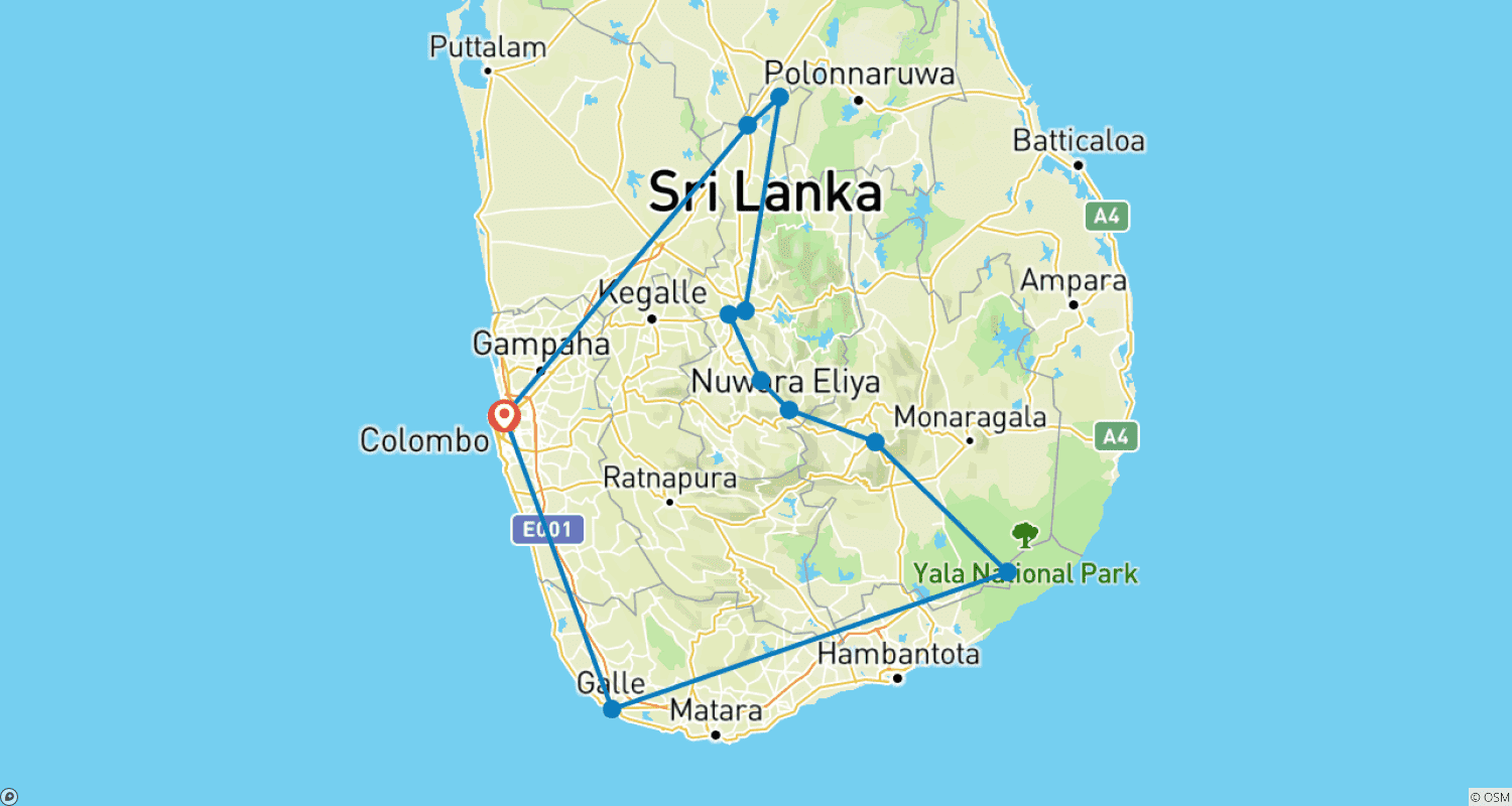 Essential Sri Lanka 7 Day Private Car Tourのルートマップ